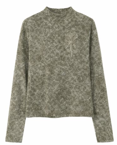 Women’s Acid Wash Embroidered Rose High Neck Top – Soft Stretch Casual Long Sleeve Tee