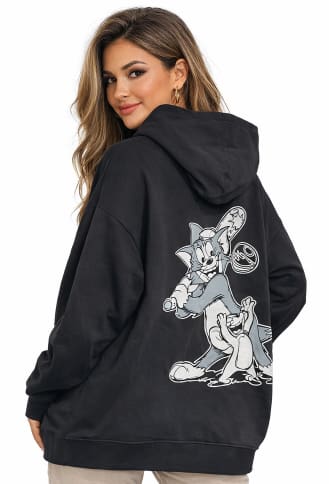 Women’s Oversized Black Cartoon Graphic Hoodie – Casual Streetwear Pullover with Front & Back Print