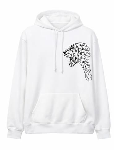 Women's White Fleece Hoodie – Geometric Tiger Graphic Pullover with Kangaroo Pocket