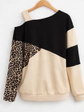 Women’s Beige & Black Leopard Print Cold Shoulder Top – Casual Long Sleeve Color Block Blouse