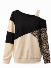 Women’s Beige & Black Leopard Print Cold Shoulder Top – Casual Long Sleeve Color Block Blouse