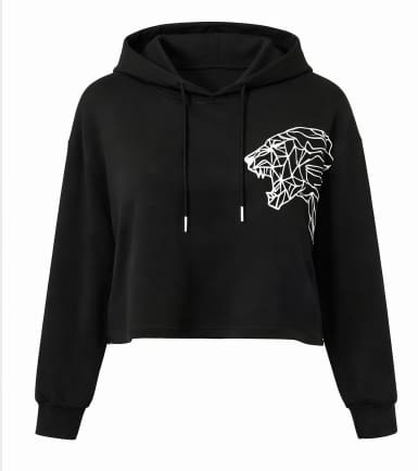 Women’s Black Geometric Tiger Graphic Hoodie – Casual Long Sleeve Cropped Pullover