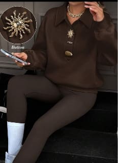 Women’s Oversized Button Detail Lounge Set – Coffee Brown Collared Sweatshirt & Leggings Two Piece Outfit
