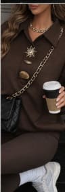 Women’s Oversized Button Detail Lounge Set – Coffee Brown Collared Sweatshirt & Leggings Two Piece Outfit