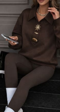 Women’s Oversized Button Detail Lounge Set – Coffee Brown Collared Sweatshirt & Leggings Two Piece Outfit