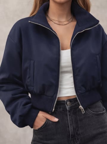 Women’s Cropped Zip Jacket – Navy Pinstripe Back Bomber Style Jacket – High Neck Casual Streetwear Outerwear