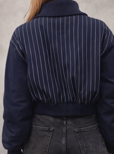 Women’s Cropped Zip Jacket – Navy Pinstripe Back Bomber Style Jacket – High Neck Casual Streetwear Outerwear