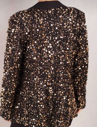 Black & Gold Sequin Blazer – Women’s Party Glam Open Front Evening Jacket