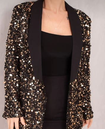 Black & Gold Sequin Blazer – Women’s Party Glam Open Front Evening Jacket
