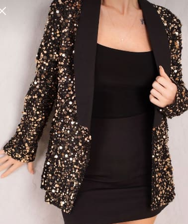 Black & Gold Sequin Blazer – Women’s Party Glam Open Front Evening Jacket