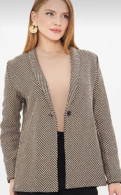 Beige & Black Chevron Blazer – Women’s Elegant Single Button Casual Chic Jacket