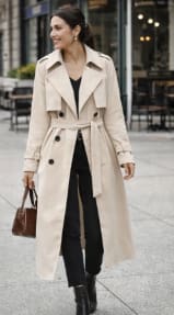 Beige Double Breasted Trench Coat – Women’s Elegant Belted Long Classic Outerwear