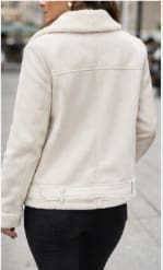 White Faux Shearling Biker Jacket – Women’s Winter Cozy Zip Up Belted Coat