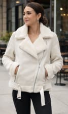 White Faux Shearling Biker Jacket – Women’s Winter Cozy Zip Up Belted Coat