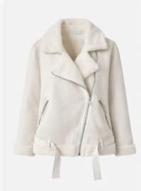 White Faux Shearling Biker Jacket – Women’s Winter Cozy Zip Up Belted Coat