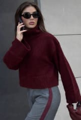 Burgundy Cropped Turtleneck Knit Sweater for Women – Soft Winter High Neck Pullover Shein Style