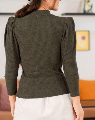 Olive Green Ribbed Puff Sleeve Top for Women – Elegant Slim Fit Knit Blouse