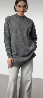 Grey Oversized Longline Knit Sweater for Women – Soft Side Slit Casual Pullover