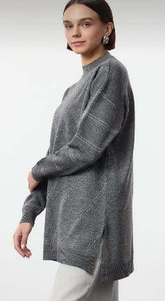 Grey Oversized Longline Knit Sweater for Women – Soft Side Slit Casual Pullover