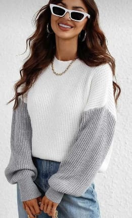 White & Grey Color Block Knit Sweater for Women – Casual Ribbed Long Sleeve Pullover