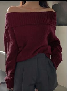 Burgundy Off-Shoulder Foldover Knit Sweater for Women – Elegant Ribbed Winter Pullover