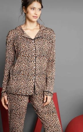 Leopard Print Cotton Pajama Set for Women – Soft Button Down Sleepwear Set