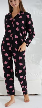 Black Heart Print Cotton Pajama Set for Women – Soft Button Down Sleepwear Set