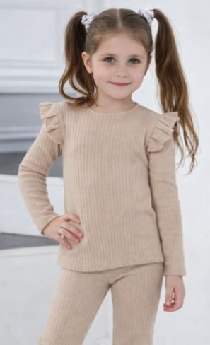 Girls Ribbed 2-Piece Flared Pants Set – Beige Long Sleeve Ruffle Top & Soft Knit Bell Bottom Pants – Stylish Kids Outfit
