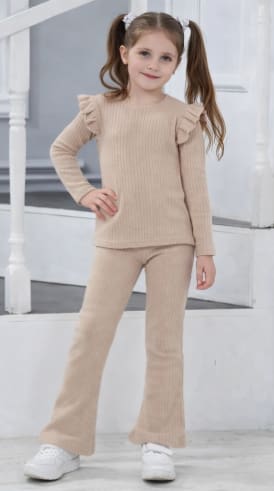 Girls Ribbed 2-Piece Flared Pants Set – Beige Long Sleeve Ruffle Top & Soft Knit Bell Bottom Pants – Stylish Kids Outfit