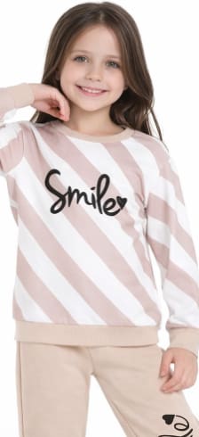 Girls 2-Piece Smile Tracksuit Set – Beige Jogger Pants & Diagonal Stripe Long Sleeve Sweatshirt – Casual Kids Outfit