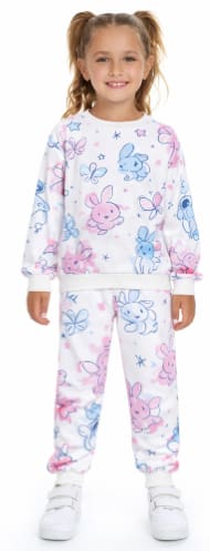 Girls 2-Piece Cartoon Print Tracksuit Set – White Long Sleeve Sweatshirt & Jogger Pants – Cute Casual Kids Outfit