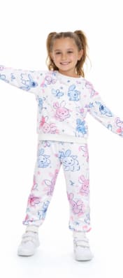 Girls 2-Piece Cartoon Print Tracksuit Set – White Long Sleeve Sweatshirt & Jogger Pants – Cute Casual Kids Outfit