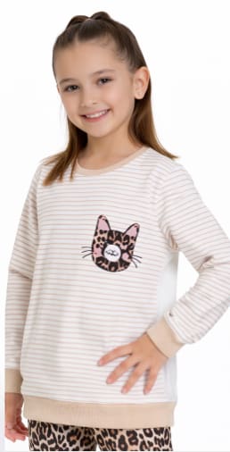 Girls 2-Piece Cat Print Top & Leopard Leggings Set – Beige Striped Long Sleeve Sweatshirt with Printed Pocket – Stylish Kids Outfit