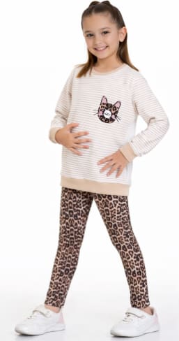 Girls 2-Piece Cat Print Top & Leopard Leggings Set – Beige Striped Long Sleeve Sweatshirt with Printed Pocket – Stylish Kids Outfit