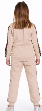 Girls 2-Piece Leopard Bow Tracksuit Set – Beige Long Sleeve Sweatshirt & Jogger Pants – Stylish Kids Outfit