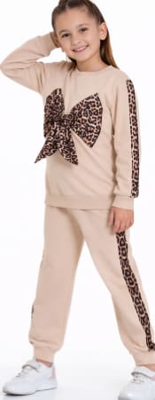 Girls 2-Piece Leopard Bow Tracksuit Set – Beige Long Sleeve Sweatshirt & Jogger Pants – Stylish Kids Outfit