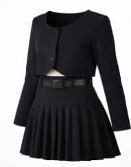 Girls Chic Black Pleated Skirt Set – Long Sleeve Cropped Top & Belted Mini Skirt Outfit