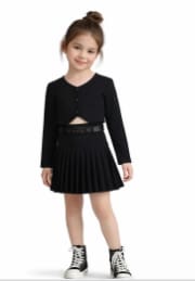 Girls Chic Black Pleated Skirt Set – Long Sleeve Cropped Top & Belted Mini Skirt Outfit