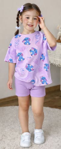 Girls 2-Piece Cartoon Print Summer Set – Oversized Short Sleeve Tee & Biker Shorts – Mauve – Kids Casual Outfit