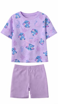 Girls 2-Piece Cartoon Print Summer Set – Oversized Short Sleeve Tee & Biker Shorts – Mauve – Kids Casual Outfit