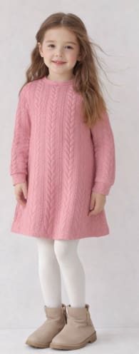 Girls Cable Knit Texture Dress – Long Sleeve A-Line Winter Dress – Pink – Kids Casual Elegant Dress