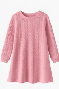 Girls Cable Knit Texture Dress – Long Sleeve A-Line Winter Dress – Pink – Kids Casual Elegant Dress