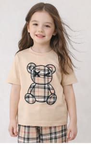 Girls 2-Piece Bear Print Plaid Pants Set – Beige Short Sleeve Tee & Checkered Trousers – Kids Casual Outfit