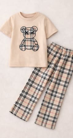 Girls 2-Piece Bear Print Plaid Pants Set – Beige Short Sleeve Tee & Checkered Trousers – Kids Casual Outfit