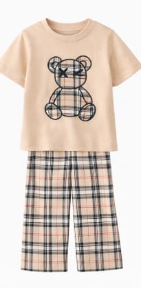 Girls 2-Piece Bear Print Plaid Pants Set – Beige Short Sleeve Tee & Checkered Trousers – Kids Casual Outfit