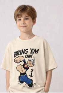 Kids Cartoon Sailor Graphic T-Shirt – Beige Oversized Short Sleeve Tee – Boys Casual Streetwear Top