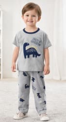 Boys 2-Piece Dinosaur Pajama Set – Grey Short Sleeve Sleepwear Top – Matching Printed Lounge Pants