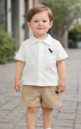 Baby Boys 2-Piece Dinosaur Polo Shirt & Shorts Set – White Textured Button Top – Khaki Casual Summer Outfit