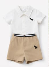 Baby Boys 2-Piece Dinosaur Polo Shirt & Shorts Set – White Textured Button Top – Khaki Casual Summer Outfit