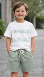 Kids 2-Piece Tropical Print Summer Set – White Short Sleeve T-Shirt & Sage Green Shorts – Casual Vacation Outfit